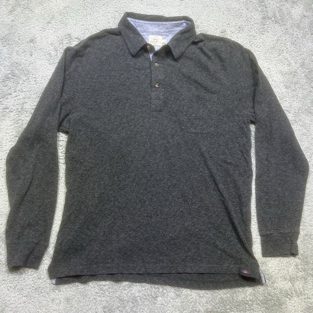 Faherty Polo Shirt Men's L Gray Organic Cotton Lightweight Pocket Casual LS EUC